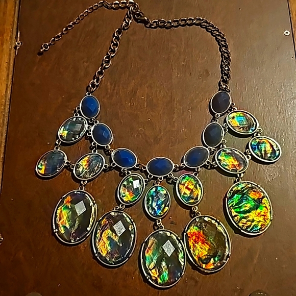 Blue Ocean & Green Turquoise Opalscent  Statement Necklace, Adjustable Length - Picture 2 of 8